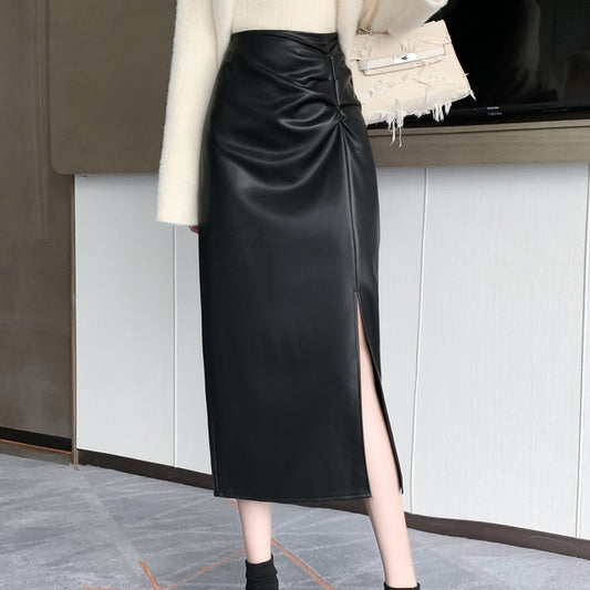 High-Waisted Slit A-Line Washed Leather Skirt