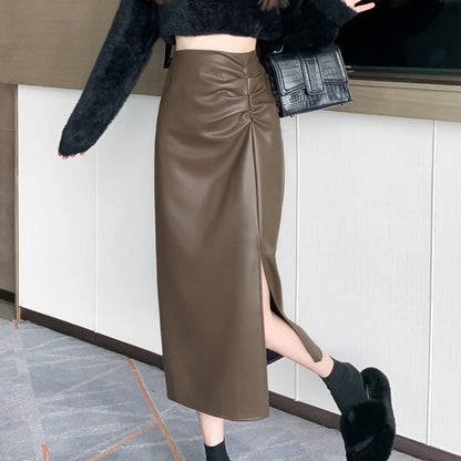 High-Waisted Slit A-Line Washed Leather Skirt