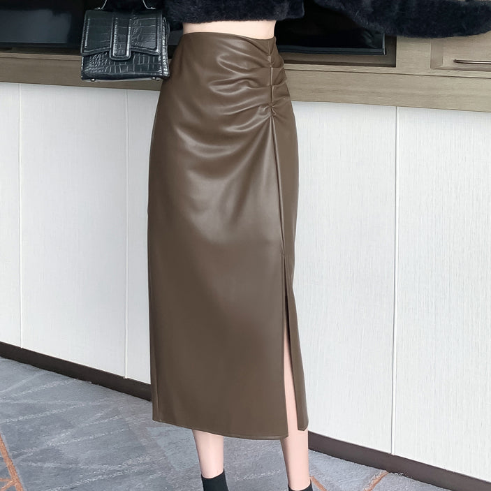 High-Waisted Slit A-Line Washed Leather Skirt