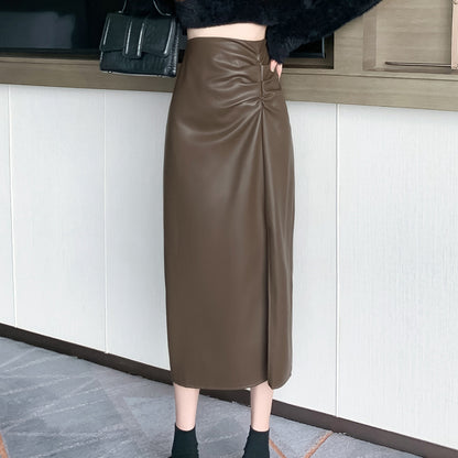 High-Waisted Slit A-Line Washed Leather Skirt