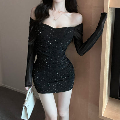 High Elastic Mesh Long Sleeve Hip-Hugging Dress