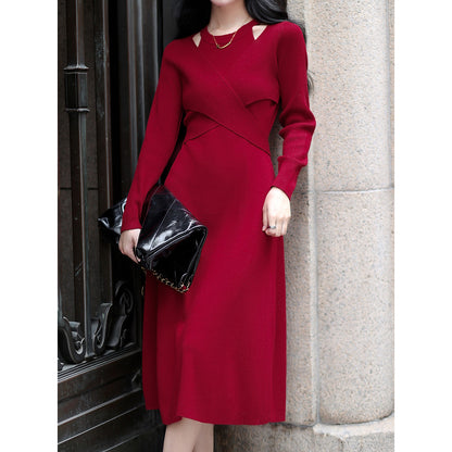 Long-Sleeved Knitted Crossover Bodycon Dress