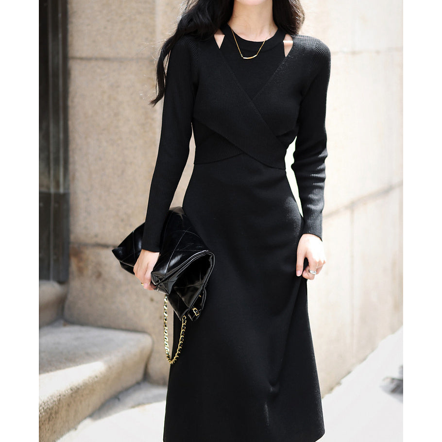 Long-Sleeved Knitted Crossover Bodycon Dress