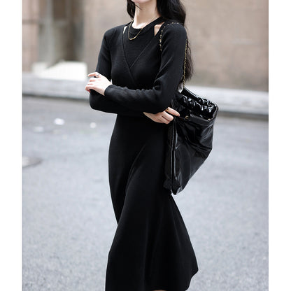 Long-Sleeved Knitted Crossover Bodycon Dress