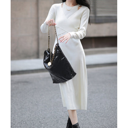 Long-Sleeved Knitted Crossover Bodycon Dress