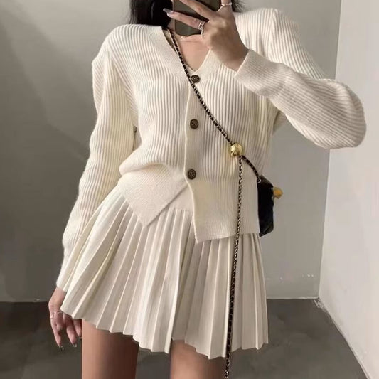 Single-Breasted Sweater High-Waisted Pleated Skirt Set