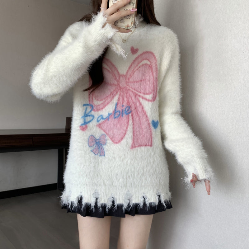 Bow Mohair Sweater Long Sleeve Knit Top