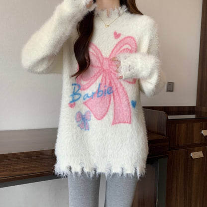 Bow Mohair Sweater Long Sleeve Knit Top