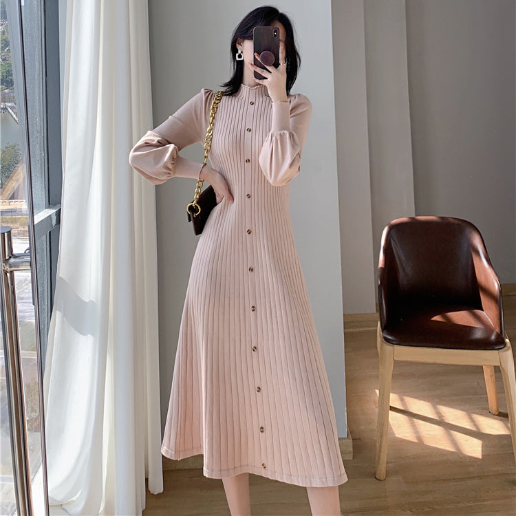 Half Turtleneck Lantern Sleeve Knit Dress