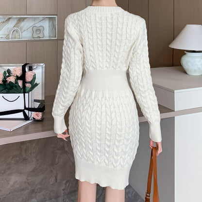 Round Neck Linen Sweater Hip-Covering Knitted Dress