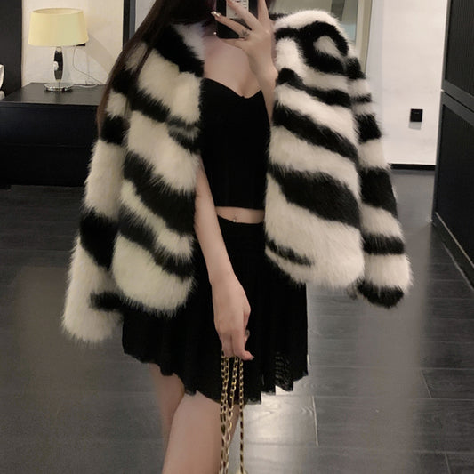 Zebra Print Fox Coat Eco-Friendly Fur Top