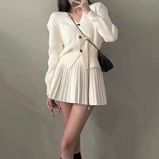 Single-Breasted Sweater High-Waisted Pleated Skirt Set