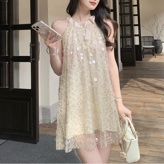 Sequined Loose Halterneck Mesh Dress