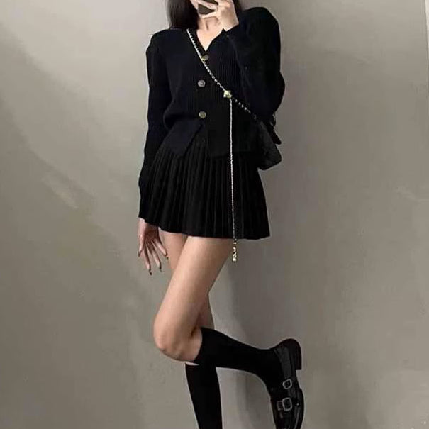 Single-Breasted Sweater High-Waisted Pleated Skirt Set