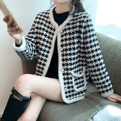 Houndstooth Coat Knitted Cardigan Long Sleeve Top