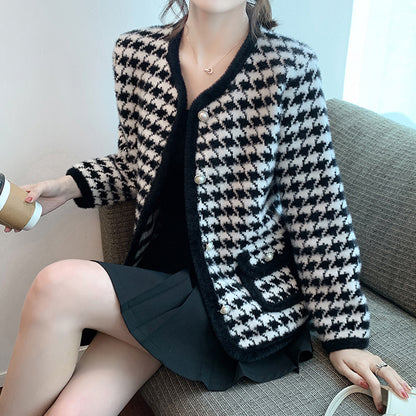 Houndstooth Coat Knitted Cardigan Long Sleeve Top