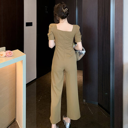 Fashionable Square Neck Pleated Simple Waist Slimming Jumpsuit