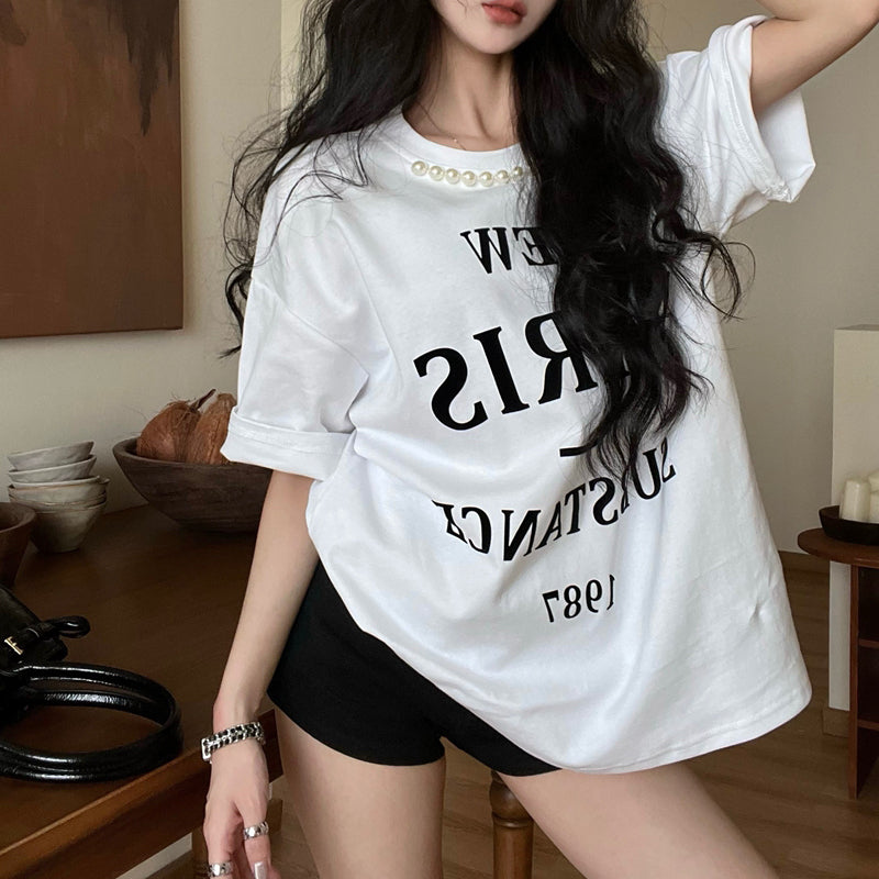 Vintage Letter Print Pearl Loose Short-Sleeved T-Shirt