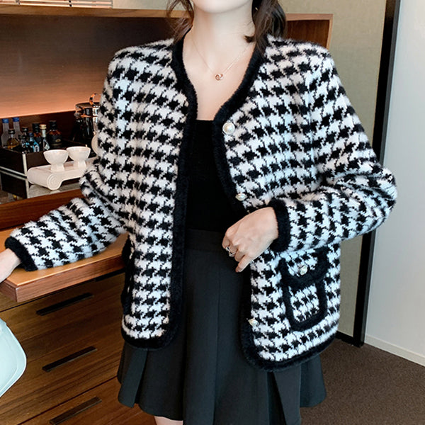 Houndstooth Coat Knitted Cardigan Long Sleeve Top