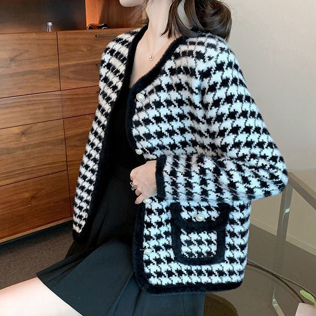 Houndstooth Coat Knitted Cardigan Long Sleeve Top