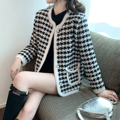 Houndstooth Coat Knitted Cardigan Long Sleeve Top