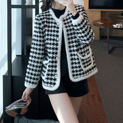 Houndstooth Coat Knitted Cardigan Long Sleeve Top