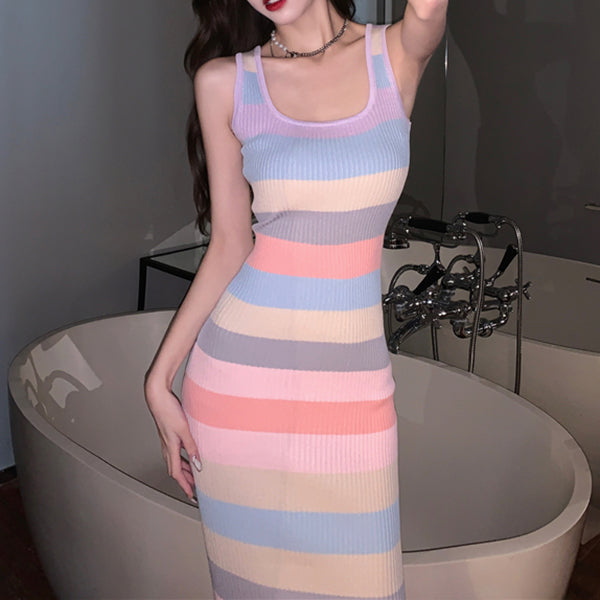 Striped Sleeveless Square Neck Tank Top Waist Dress