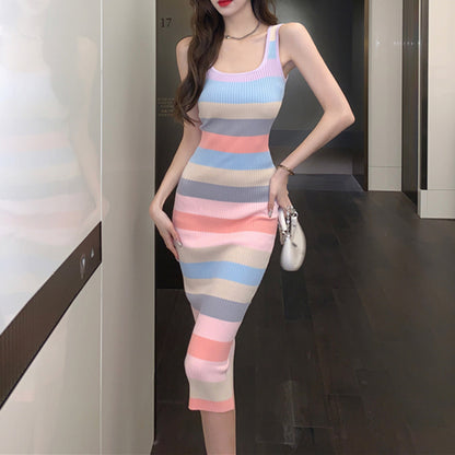 Striped Sleeveless Square Neck Tank Top Waist Dress