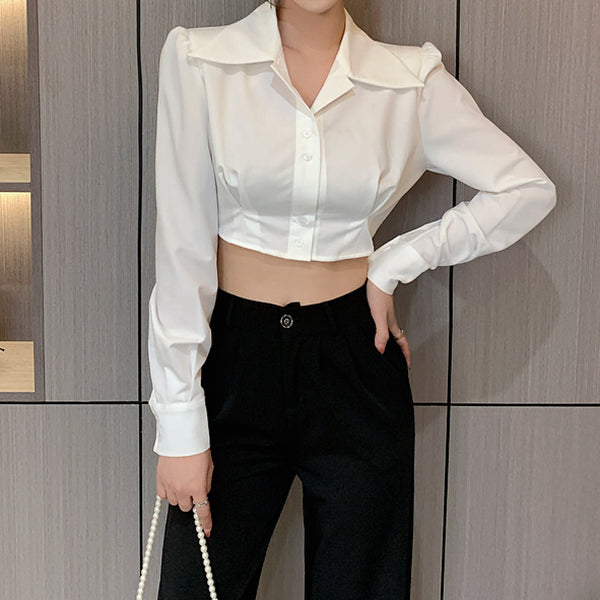 Irregular Shirt Commuter Long Sleeve Crop Top