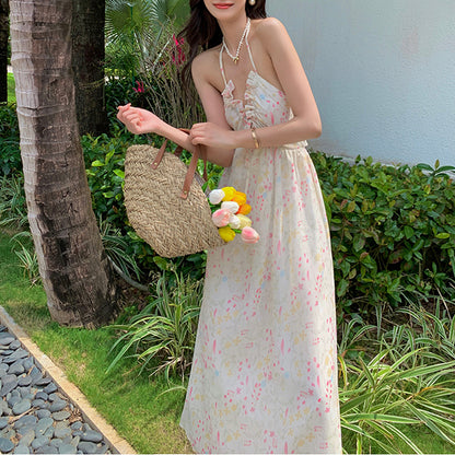 French Lace Backless Sweet Floral Sling Seaside Holiday Dress