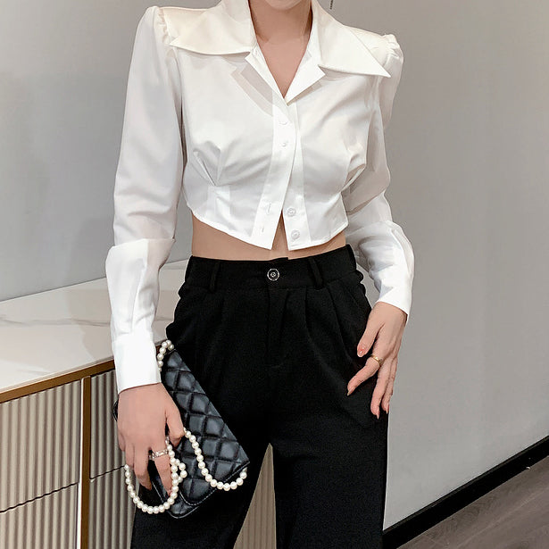 Irregular Shirt Commuter Long Sleeve Crop Top