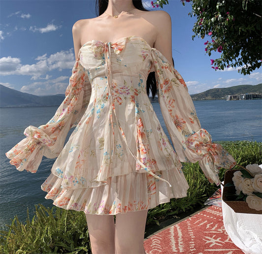 One-Shoulder Long-Sleeve Halterneck Floral Chiffon Dress