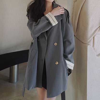 Double Breasted Trench Long Sleeve Suit Collar Coat