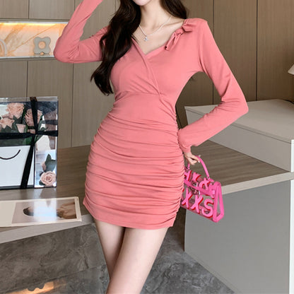 Pink V-Neck Long-Sleeve Wrap Hip Dress