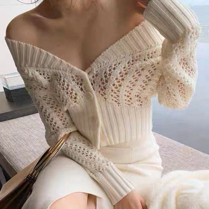 Off-Shoulder Knitted Cardigan Hollow Sweater Shawl Top