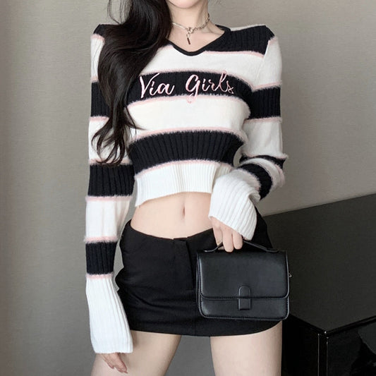 70% Off Embroidered Knitted Striped Sweater Long-Sleeved Top