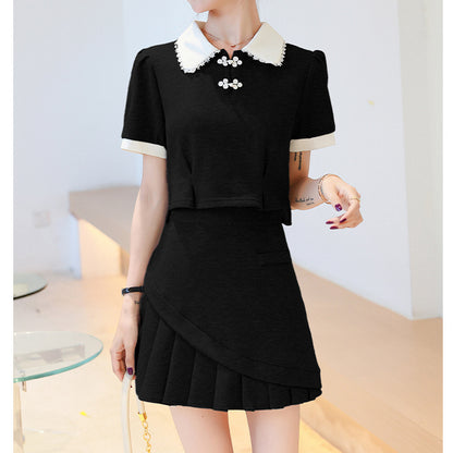 Back Bow Doll Collar Top Pleated Skirt Set