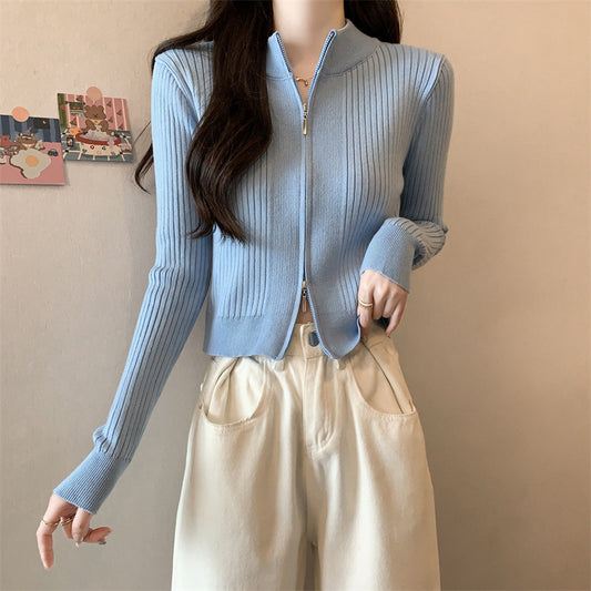 Fashionable Long-Sleeved Knitted Sweater Zipper Cardigan Top