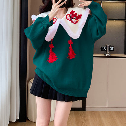 Fur Collar Tassel Loose New Year Christmas Sweater