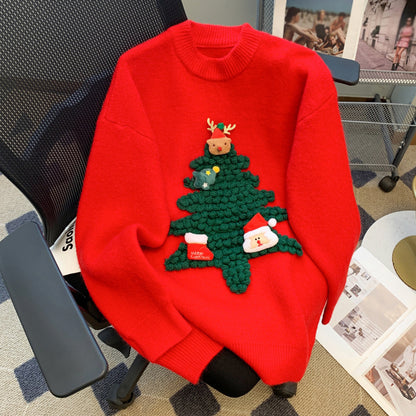 Christmas Tree Round Neck Loose Knit Sweater