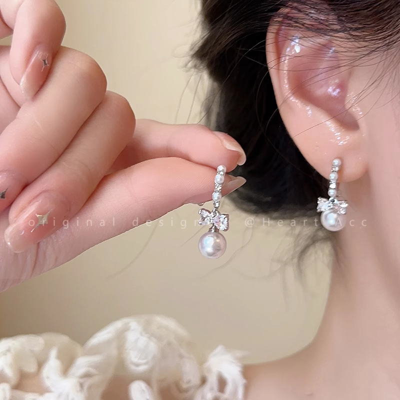 70% Bow Zircon Pearl Stud Earrings Versatile Ear Accessories