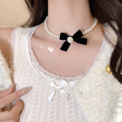 Black Velvet Bow Pearl Necklace Sweater Chain