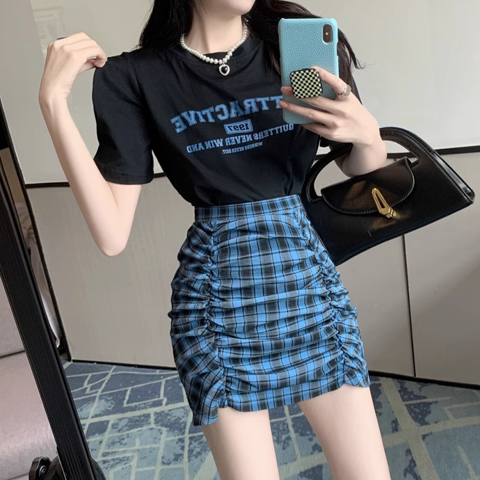 Set Printed T-Shirt Plaid Pleated Short Skirt