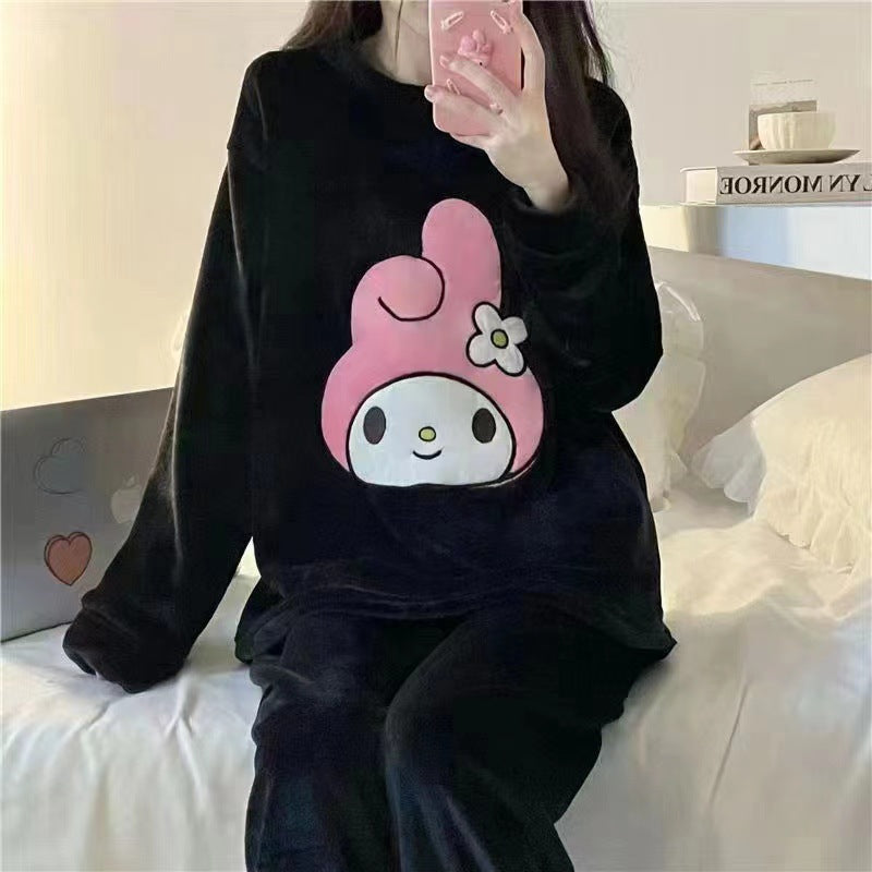 Cartoon Coral Fleece Round Neck Warm Pajamas Set