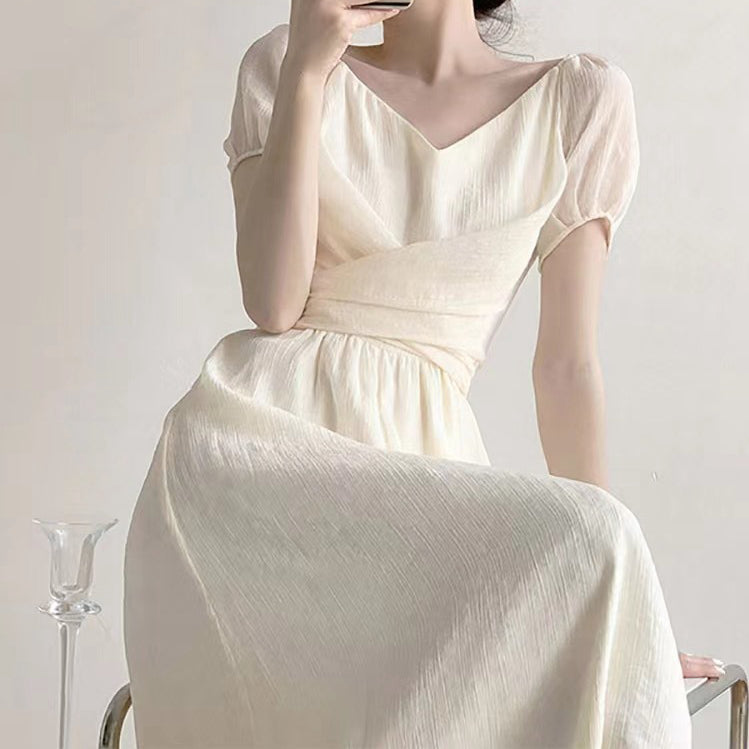 Bubble Short-Sleeved V-Neck Waist Long Dress