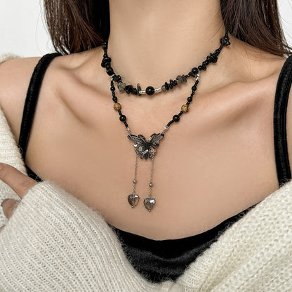 Double-Layer Gravel Love Butterfly Tassel Necklace