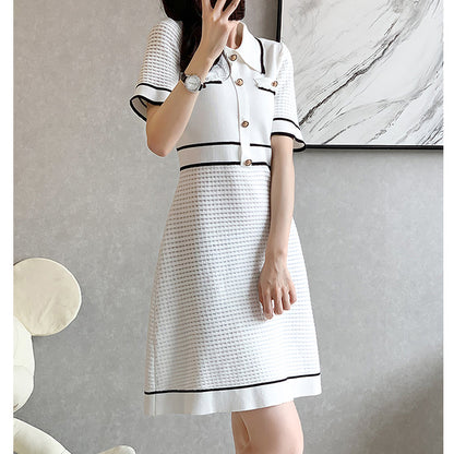 Short-Sleeved Button Elegant Ice Silk Knitted Dress