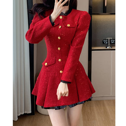 Single-Breasted Long-Sleeved Elegant Red Dress