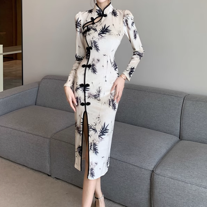 Bamboo Print Slit Slim Chinese Cheongsam Dress