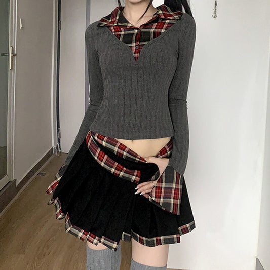 Splicing Pleated Retro Short Skirt Long Sleeve Top